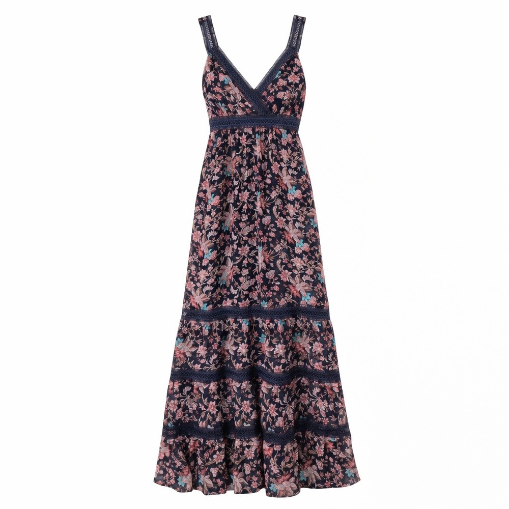 Express Navy Floral Lace Babydoll Peasant Maxi Dress Womens Size XS Beachy Boho